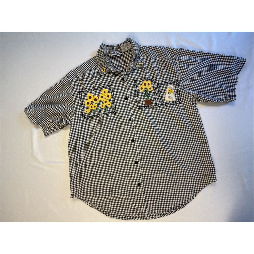 90s VTG Way To Go Sunflower Embroidered Gingham Top Cottagecore Grandmacore L